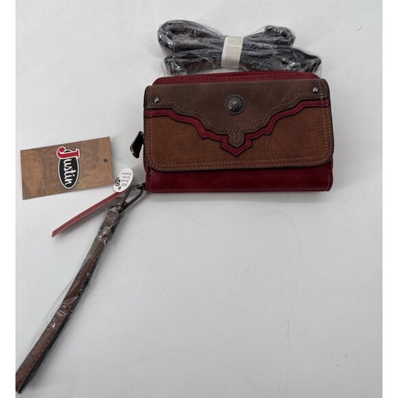 Justin Womens Crossbody Clutch Wristlet RFID-Blocking Brown Red 3 Way New - Picture 1 of 7